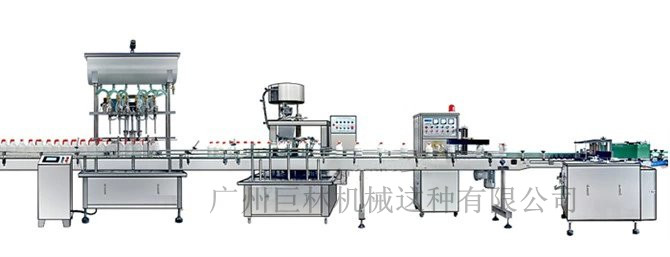 直列式裝機、自動鎖蓋機、鋁箔封口、糨糊貼標灌裝線 